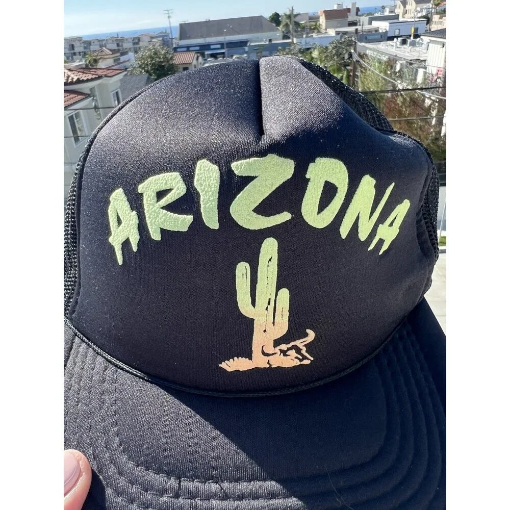 Vintage 80s black mesh trucker hat Arizona neon desert graphic streetwear
